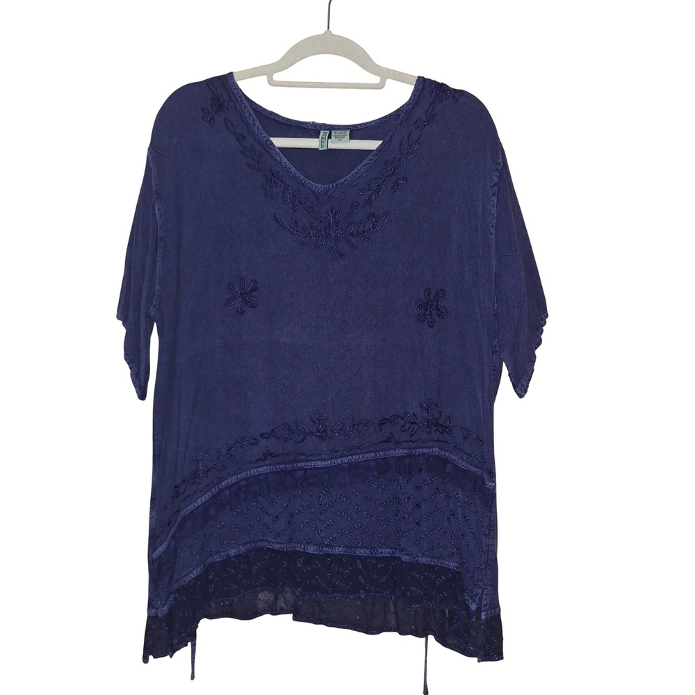 Kaaku Blue Embroidered Tunic Top Women 2X Boho Layered Tie Back V-Neck Lagenlook